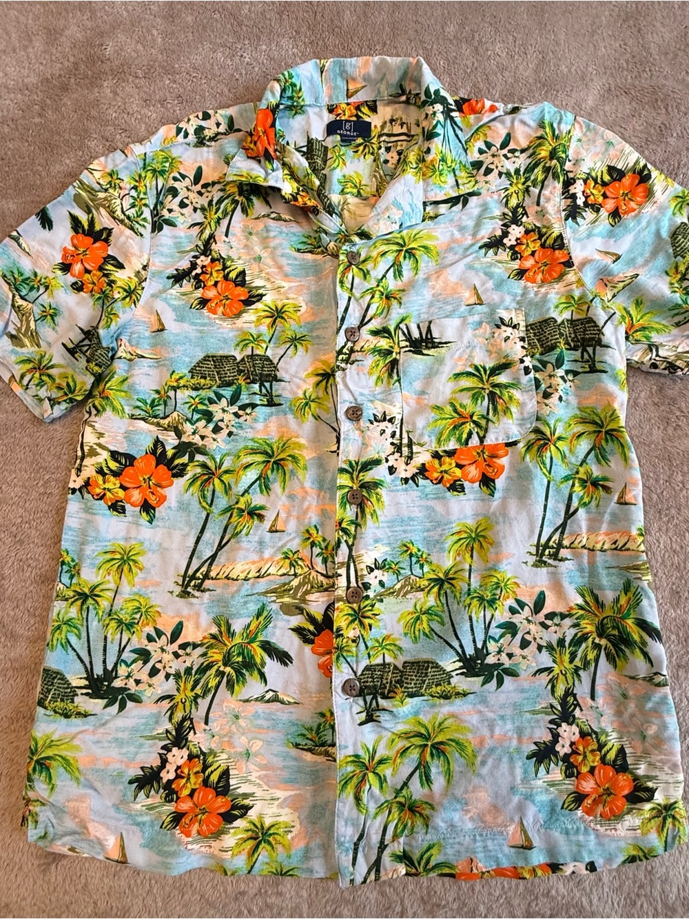 George Light Blue Hawaiian Floral Button-Down Shirt, S